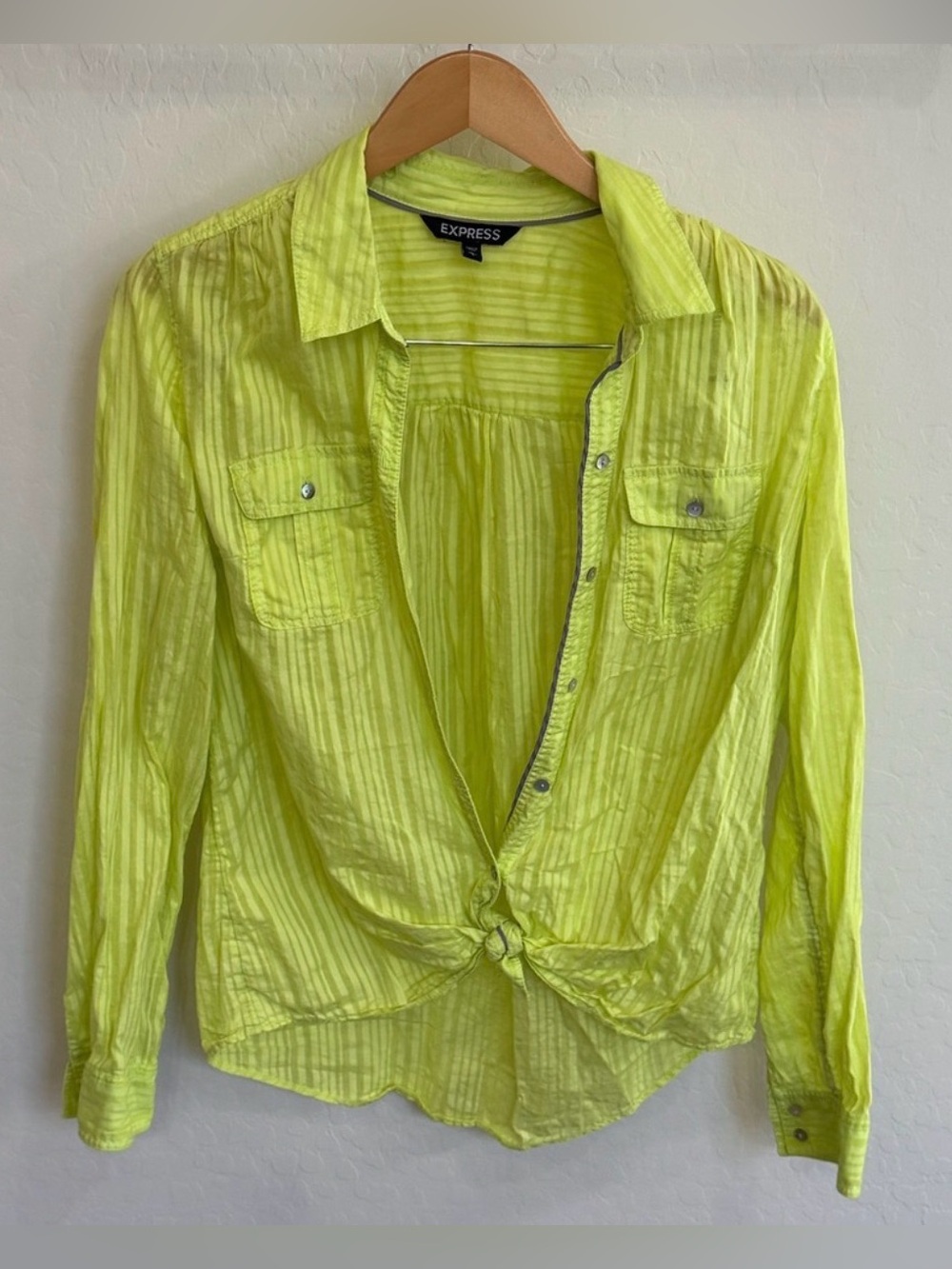 EXPRESS Neon Yellow-Green Vertical Striped Tie-Front Button-Up Shirt Large